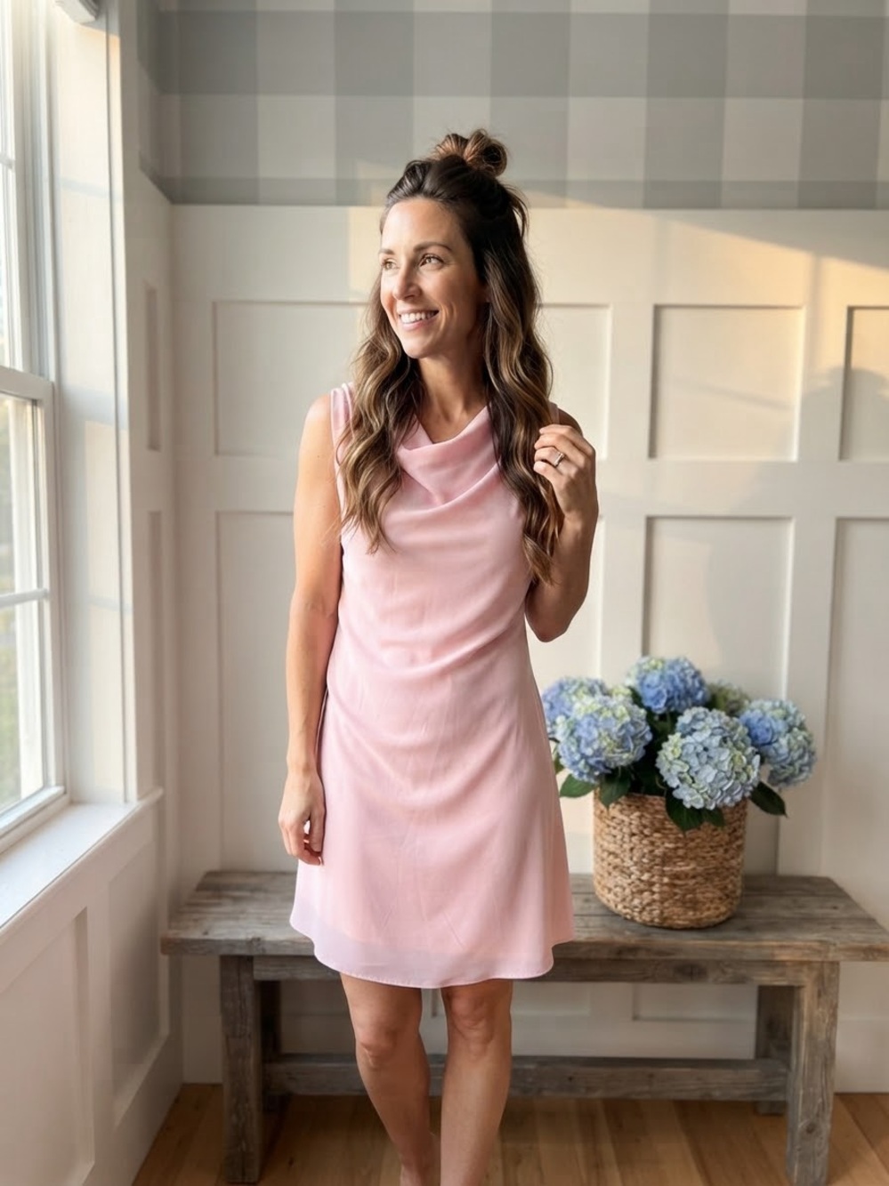Zara Sleeveless Cowl Neck Midi Dress - Blush Pink Large